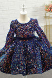 Navy Glitter Sequin Flower Girl Dress with Sleeves