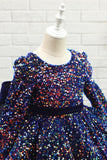 Navy Glitter Sequin Flower Girl Dress with Sleeves