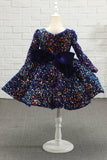 Navy Glitter Sequin Flower Girl Dress with Sleeves