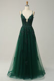 A Line Spaghetti Straps Green Long Prom Dress with Criss Cross Back