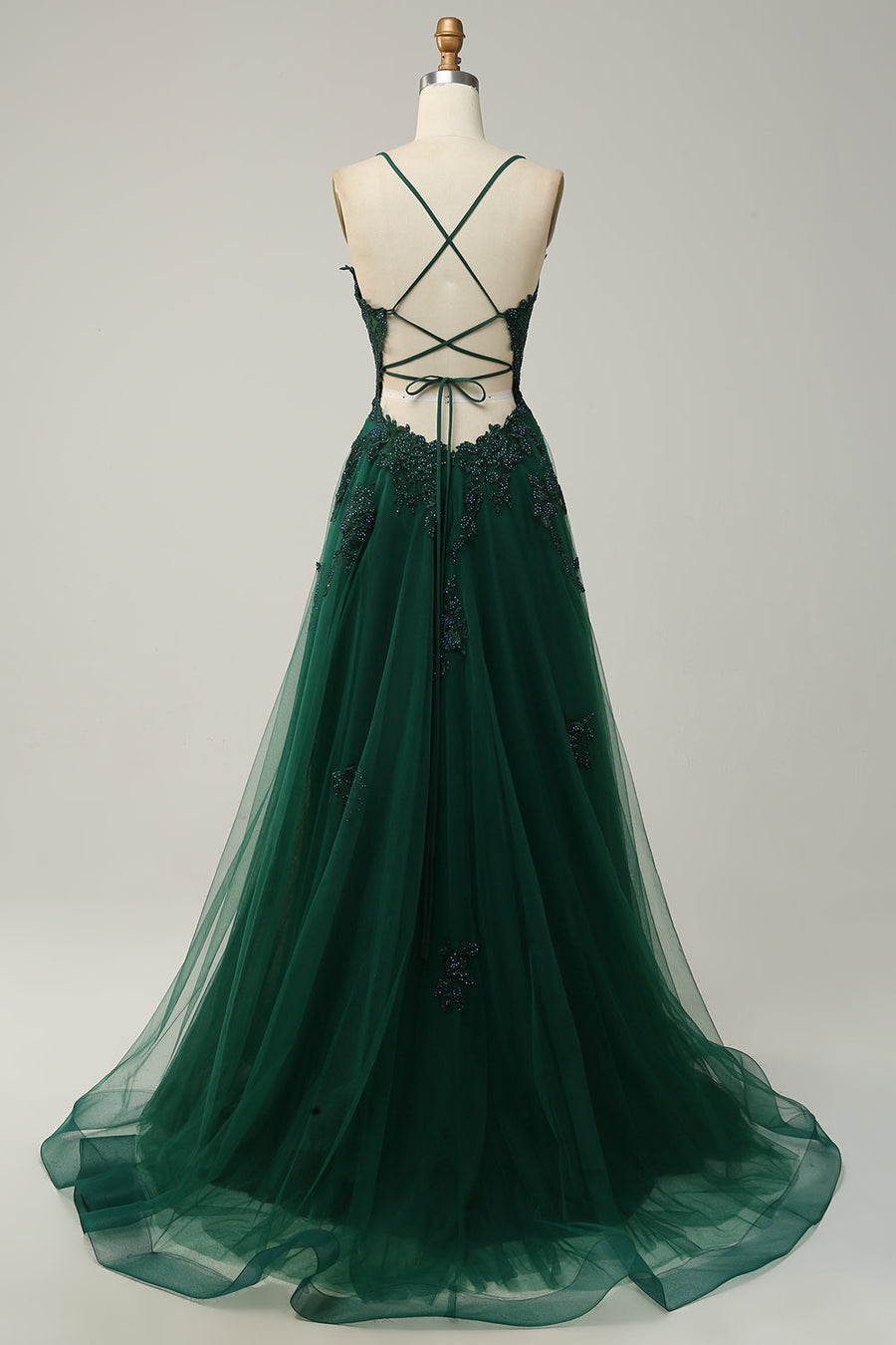 open lace back dress Tulle Prom Dresses Ball Gown Beaded V Neck main image 1