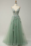 A Line Spaghetti Straps Dark Green Long Prom Dress with Criss Cross Back