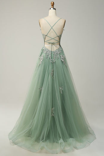 A Line Spaghetti Straps Green Long Prom Dress with Criss Cross Back