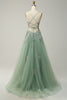 Load image into Gallery viewer, A Line Spaghetti Straps Grey Blue Long Prom Dress with Appliques