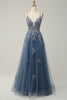 Load image into Gallery viewer, Spaghetti Straps A Line Grey Blue Long Prom Dress with Criss Cross Back