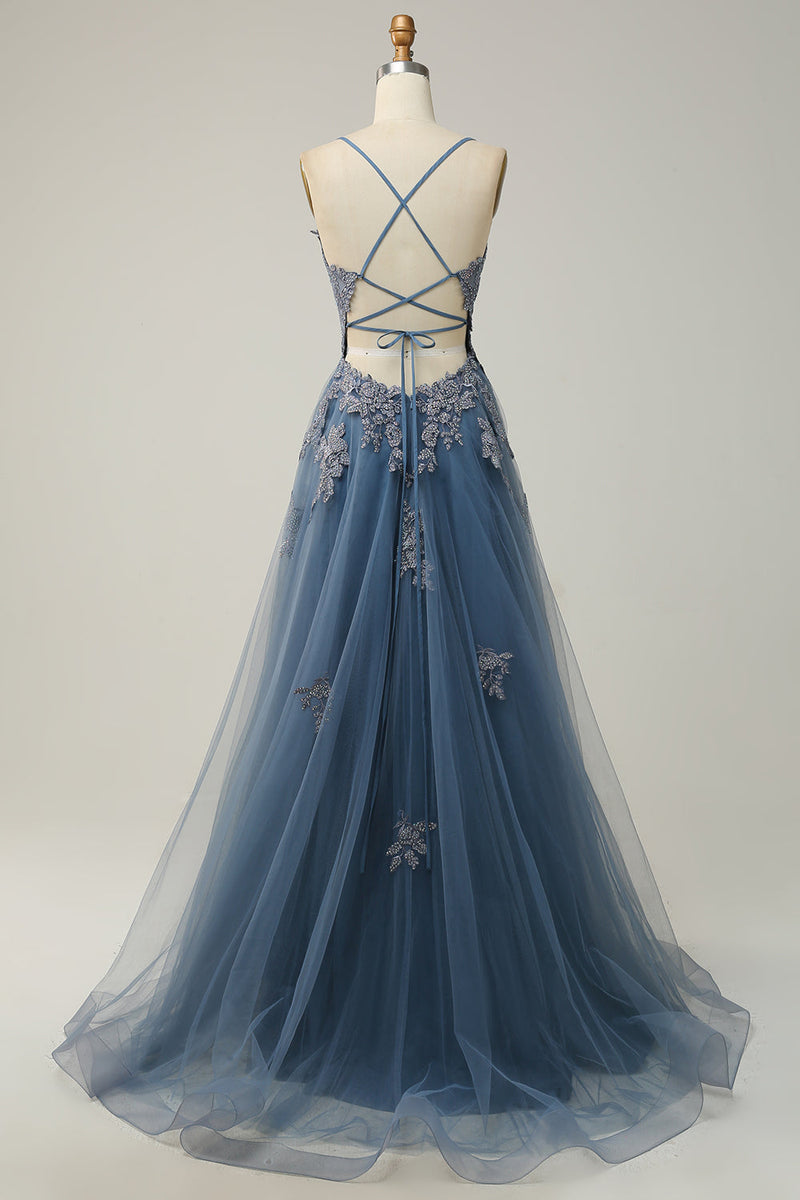 Load image into Gallery viewer, Spaghetti Straps A Line Grey Blue Long Prom Dress with Criss Cross Back