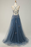 Spaghetti Straps A Line Grey Blue Long Prom Dress with Criss Cross Back