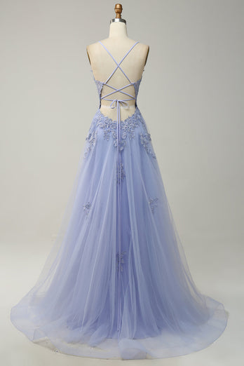 A Line Spaghetti Straps Grey Blue Long Prom Dress with Appliques