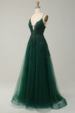 A Line Spaghetti Straps Dark Green Long Prom Dress with Criss Cross Back