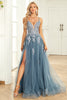 Load image into Gallery viewer, A Line Spaghetti Straps Grey Blue Long Prom Dress with Appliques