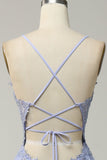 Spaghetti Straps A Line Light Purple Long Prom Dress with Criss Cross Back