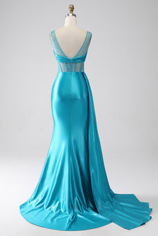 Turquoise Mermaid V-Neck Sweep Train Pleated Corset Beaded Prom Dress