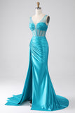 Turquoise Mermaid V-Neck Sweep Train Pleated Corset Beaded Prom Dress