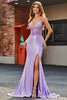Load image into Gallery viewer, Lilac Mermaid V Neck Open Back Beaded Appliques Prom Dresses with Slit