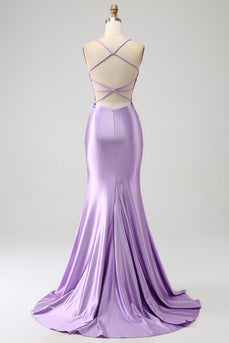 Stylish Mermaid Spaghetti Straps Lilac Long Prom Dress with Appliques Slit