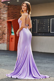 Lilac Mermaid V Neck Open Back Beaded Appliques Prom Dresses with Slit