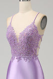 Stylish Mermaid Spaghetti Straps Lilac Long Prom Dress with Appliques Slit