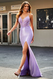 Lilac Mermaid V Neck Open Back Beaded Appliques Prom Dresses with Slit