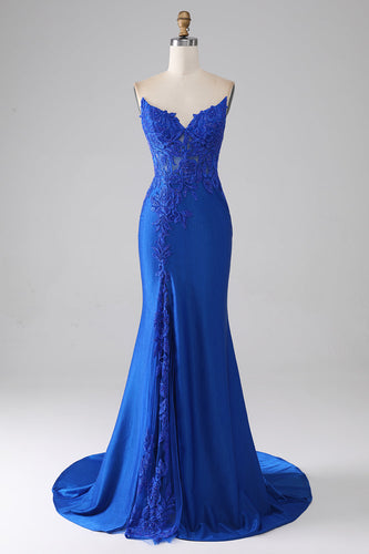 Royal Blue Mermaid Strapless Long Beaded Prom Dress With Appliques