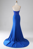 Royal Blue Mermaid Strapless Long Beaded Prom Dress With Appliques