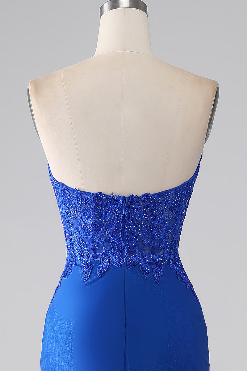 Load image into Gallery viewer, Royal Blue Mermaid Strapless Long Beaded Prom Dress With Appliques