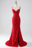 Load image into Gallery viewer, Red Mermaid Spaghetti Straps Beaded Lace Applique Prom Dress With Slit