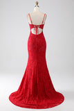 Red Mermaid Spaghetti Straps Beaded Lace Applique Prom Dress With Slit