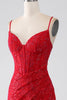 Load image into Gallery viewer, Red Mermaid Spaghetti Straps Beaded Lace Applique Prom Dress With Slit