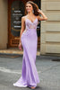 Load image into Gallery viewer, Lilac Mermaid V Neck Open Back Beaded Prom Dresses with Appliques