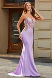 Lilac Mermaid V Neck Open Back Beaded Prom Dresses with Appliques