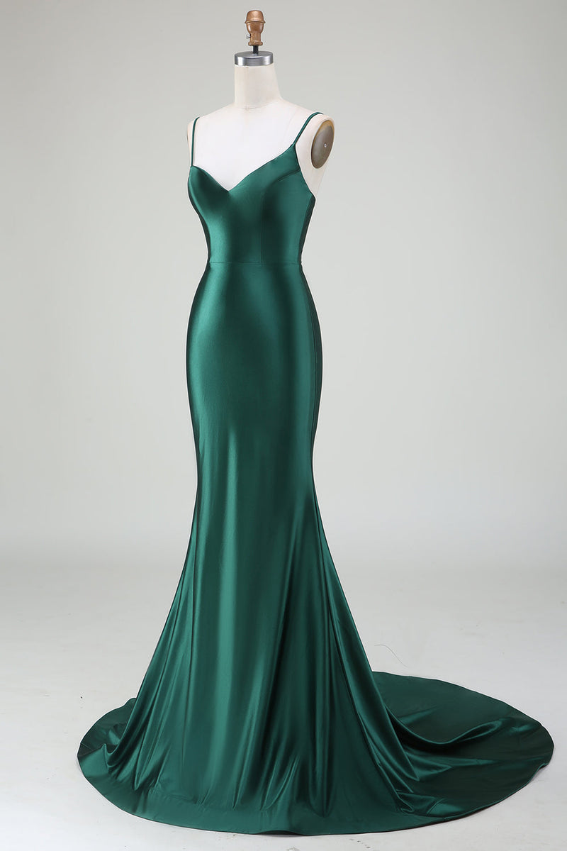Load image into Gallery viewer, Dark Green Mermaid Spaghetti Straps Sweep Train Prom Dress