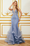 Mermaid Spaghetti Strap Beaded Backless Grey Blue Prom Dress With Appliques