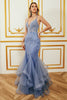 Load image into Gallery viewer, Mermaid Spaghetti Strap Beaded Backless Grey Blue Prom Dress With Appliques