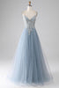 Load image into Gallery viewer, Grey Blue A-line Spaghetti Straps Sparkly Sequin Long Prom Dress