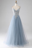 Grey Blue A-line Spaghetti Straps Sparkly Sequin Long Prom Dress