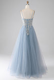 Grey Blue A-line Spaghetti Straps Sparkly Sequin Long Prom Dress