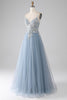 Load image into Gallery viewer, Grey Blue A-line Spaghetti Straps Sparkly Sequin Long Prom Dress