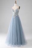 Grey Blue A-line Spaghetti Straps Sparkly Sequin Long Prom Dress