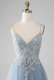 Grey Blue A-line Spaghetti Straps Sparkly Sequin Long Prom Dress