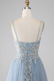 Grey Blue A-line Spaghetti Straps Sparkly Sequin Long Prom Dress