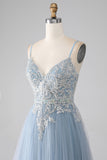 Grey Blue A-line Spaghetti Straps Sparkly Sequin Long Prom Dress