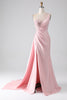 Load image into Gallery viewer, Pink Mermaid One Shoulder Sequins Appliques Ruched Prom Dress With Slit