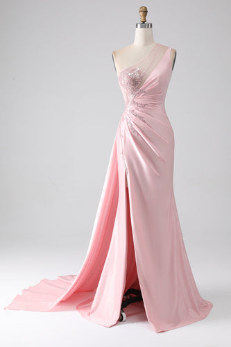 Pink Mermaid One Shoulder Sequins Appliques Ruched Prom Dress With Slit