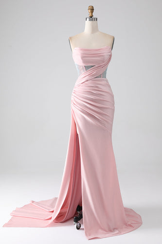 Pink Mermaid Strapless Beaded Pleated Long Prom Dress With High Slit