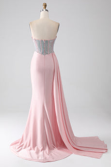 Pink Mermaid Strapless Beaded Pleated Long Prom Dress With High Slit