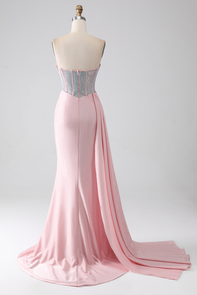 Load image into Gallery viewer, Pink Mermaid Strapless Beaded Pleated Long Prom Dress With High Slit