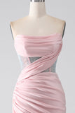 Pink Mermaid Strapless Beaded Pleated Long Prom Dress With High Slit