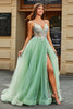 Load image into Gallery viewer, A-Line V Neck Floor-Length Beaded Tulle Light Green Prom Dress with Slit