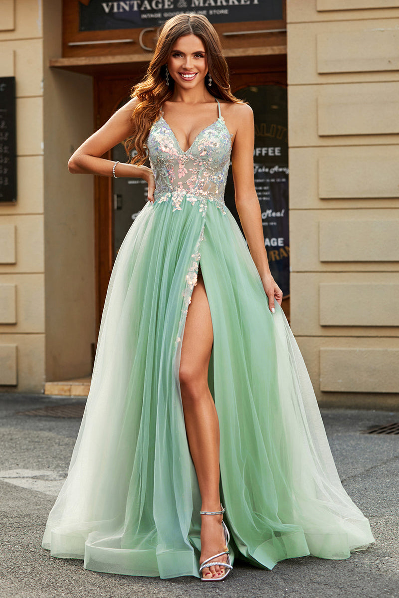 Load image into Gallery viewer, A-Line V Neck Floor-Length Beaded Tulle Light Green Prom Dress with Slit