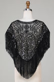 Black Sequins Glitter 1920s Cape with Fringes